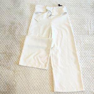Women's Belted Wide Leg Cropped Ivory Pants